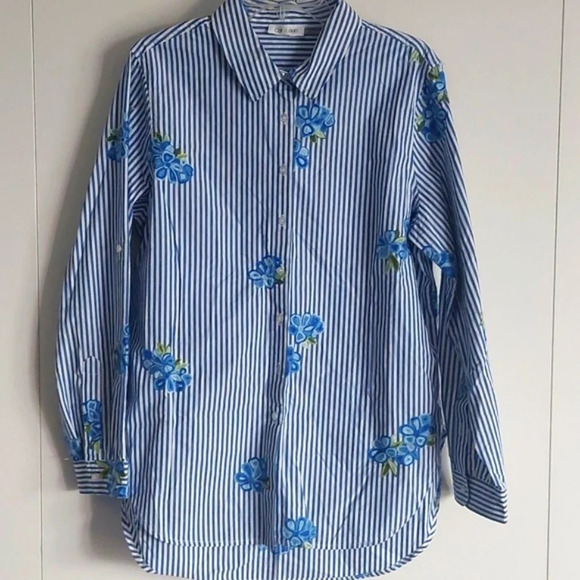 Women's Button up blouse top blue & white Striped Embroidered Floral Large - Picture 1 of 8